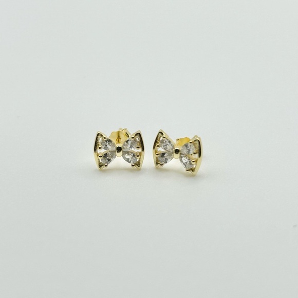 Elegant Gold Bow Zircon Earrings 925 Sterling Silver Posts - Picture 2 of 6